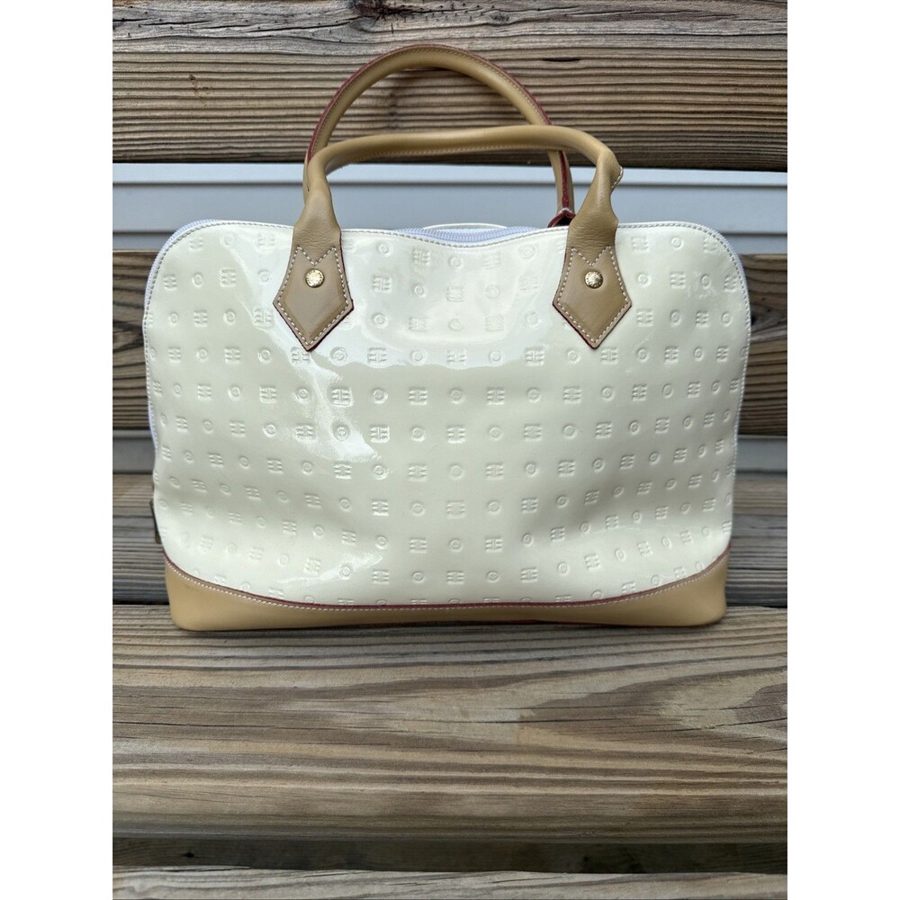 ARCADIA Italy Patent Leather handbang Cream W Gold tone Zip Logo Tan Handles & B